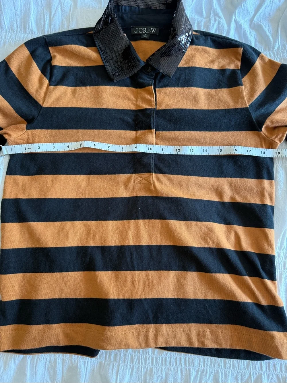 J. Crew Women’s Black and Orange Striped Rugby Polo with Sequin Collar Size M